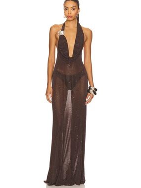 Jaded london Knitted Trim Plunge Dress in Brown